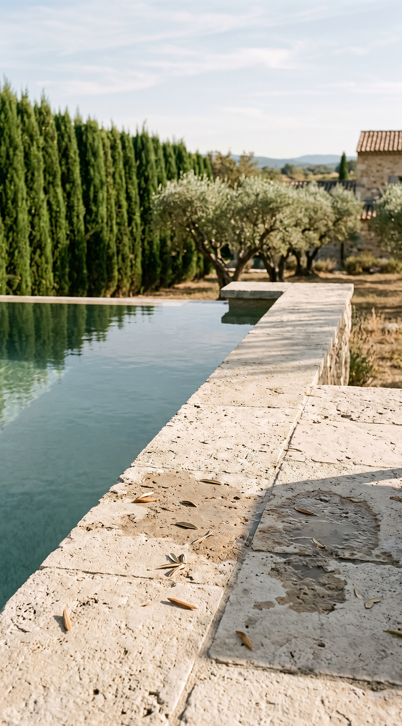 Piscine en grès d'une villa surplombant le domaine, entre oliviers et cyprès